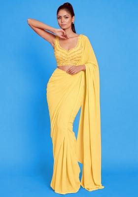 Sunny Yellow Crepe Embroidered Handwork Pre Draped Saree Set
