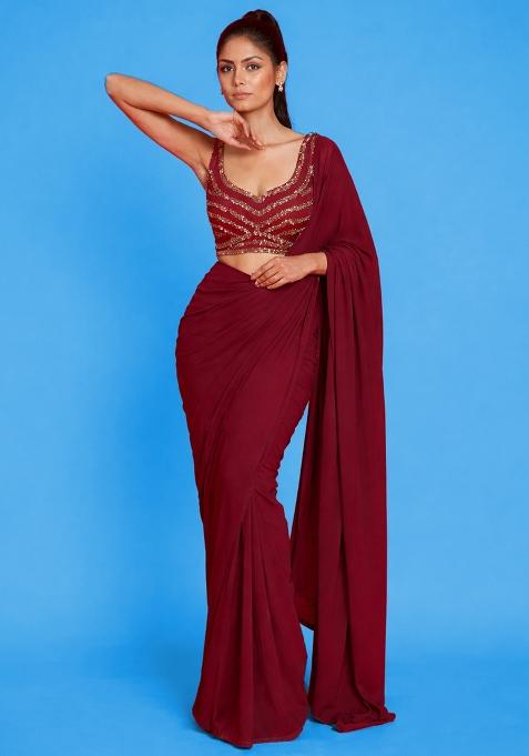 Wine Red Crepe Embroidered Handwork Pre Draped Saree Set