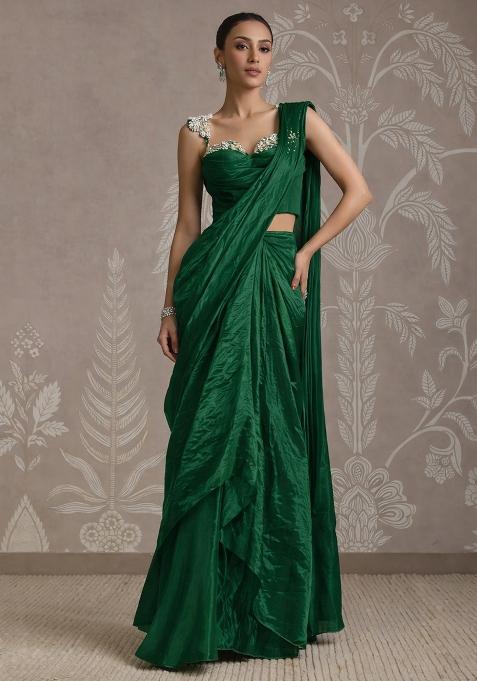 Emerald Green Silk Embellished Handwork Pre Draped Saree Set