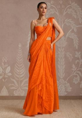 Bold Orange Silk Embellished Handwork Pre Draped Saree Set
