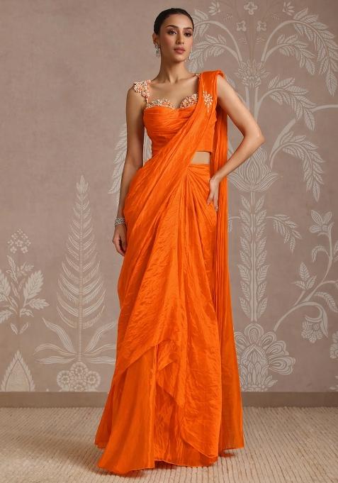 Bold Orange Silk Embellished Handwork Pre Draped Saree Set