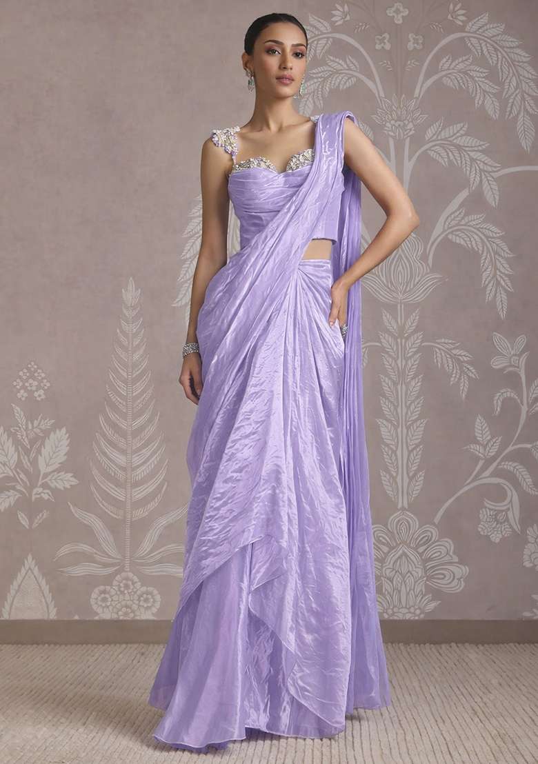 Lavender Purple Silk Blend Embellished Handwork Pre Draped Saree Set - Indya