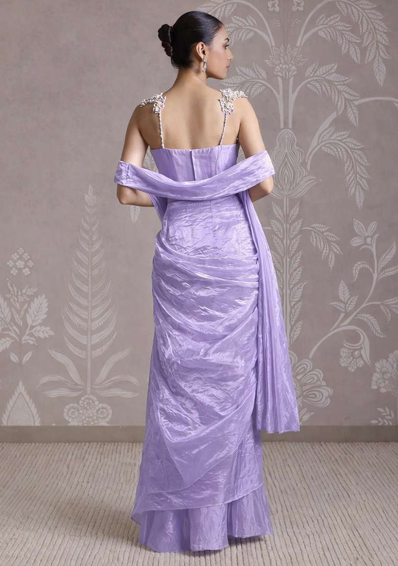 Lavender Purple Silk Blend Embellished Handwork Pre Draped Saree Set - Indya