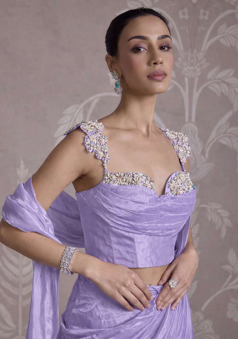 Lavender Purple Silk Blend Embellished Handwork Pre Draped Saree Set - Indya
