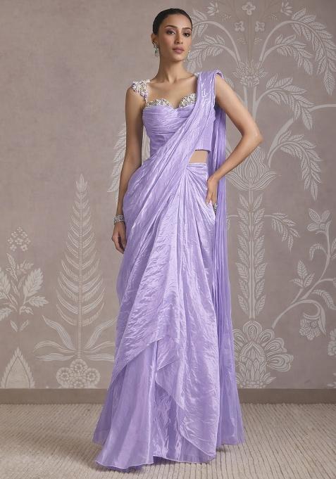Lavender Purple Silk Embellished Handwork Pre Draped Saree Set