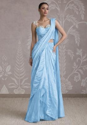 Electric Blue Silk Embellished Handwork Pre Draped Saree Set