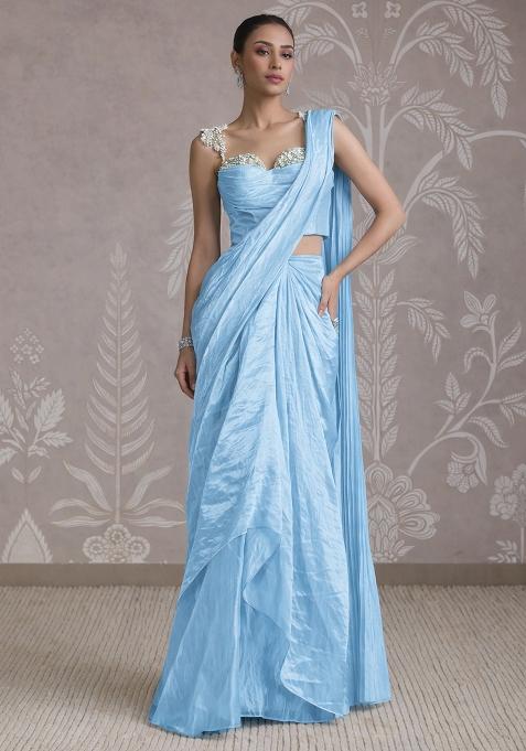 Electric Blue Silk Embellished Handwork Pre Draped Saree Set