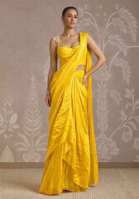 Neon Yellow Silk Embellished Handwork Pre Draped Saree Set