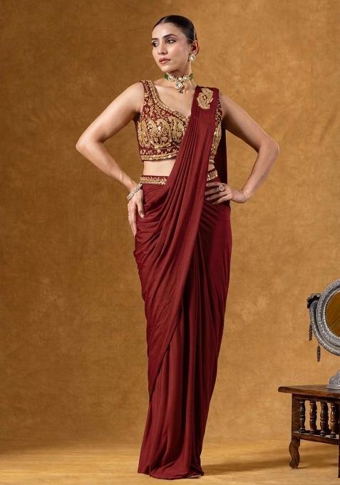 Maroon Crepe Embroidered Handwork Pre Draped Saree Set