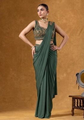 Duck Green Crepe Embroidered Handwork Pre Draped Saree Set