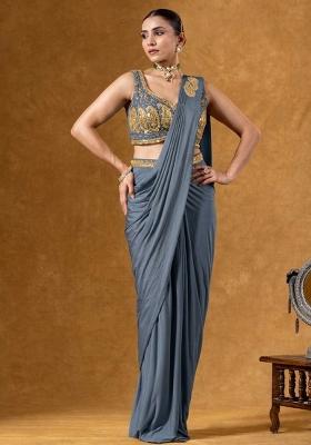 Warm Grey Crepe Embroidered Handwork Pre Draped Saree Set