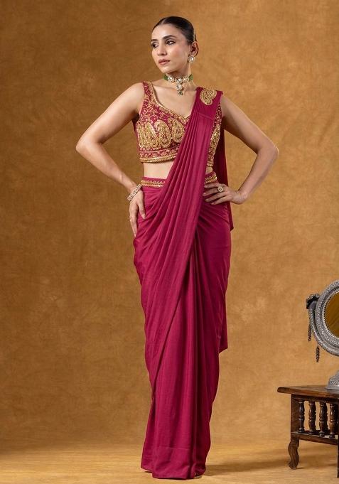 Raspberry Red Crepe Embroidered Handwork Pre Draped Saree Set