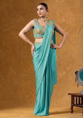 Aqua Blue Crepe Embroidered Handwork Pre Draped Saree Set