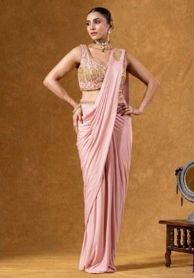 Rose Pink Crepe Embroidered Handwork Pre Draped Saree Set