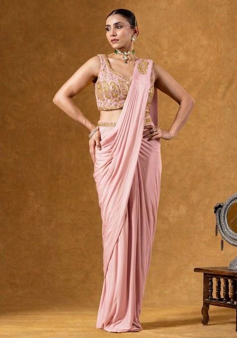 Rose Pink Crepe Embroidered Handwork Pre Draped Saree Set
