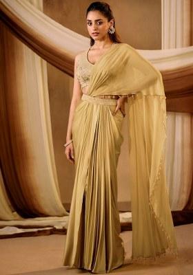 Golden Yellow Satin Embroidered Handwork Pre Draped Saree Set