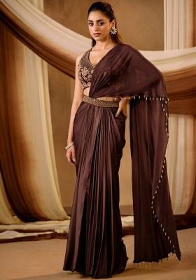 Dark Brown Satin Embroidered Handwork Pre Draped Saree Set