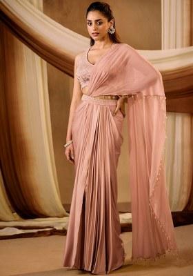 Dusty Pink Satin Embroidered Handwork Pre Draped Saree Set