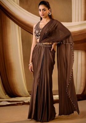 Fudge Brown Satin Embroidered Handwork Pre Draped Saree Set
