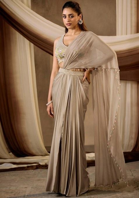 Cream Satin Embroidered Handwork Pre Draped Saree Set