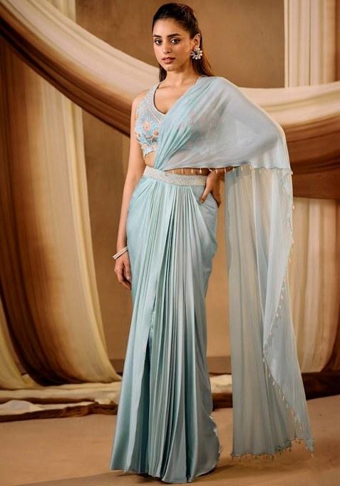 Sky Blue Satin Embroidered Handwork Pre Draped Saree Set