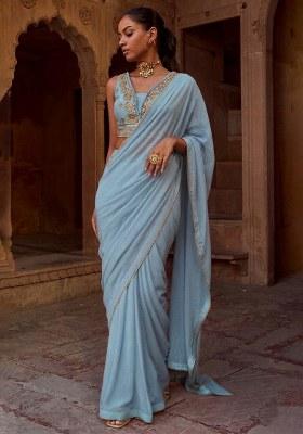 Powder Blue Chinon Embroidered Handwork Pre Draped Saree Set