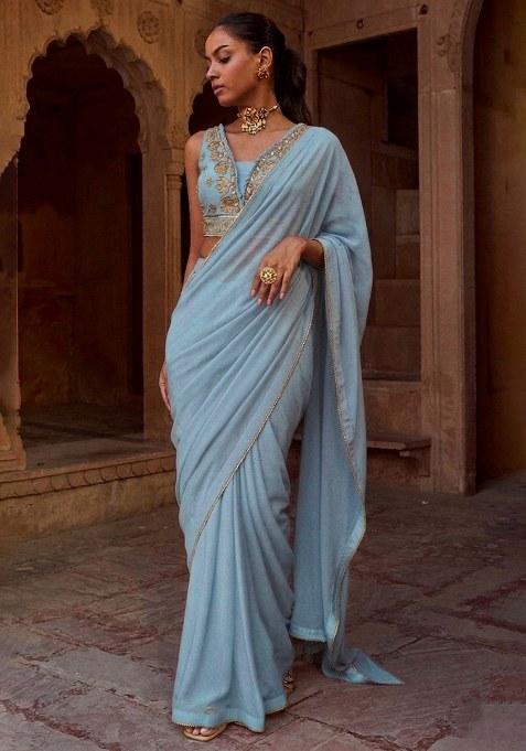 Powder Blue Chinon Embroidered Handwork Pre Draped Saree Set