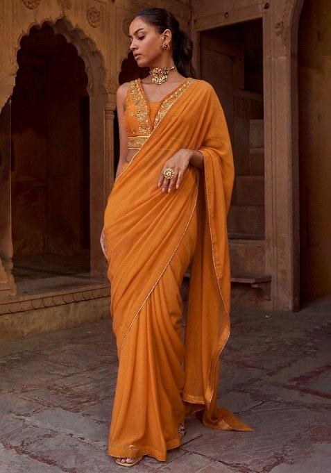 Caramel Chinon Embroidered Handwork Pre Draped Saree Set