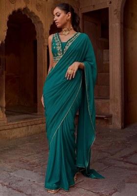 Orange Yellow Chinon Embroidered Handwork Pre Draped Saree Set