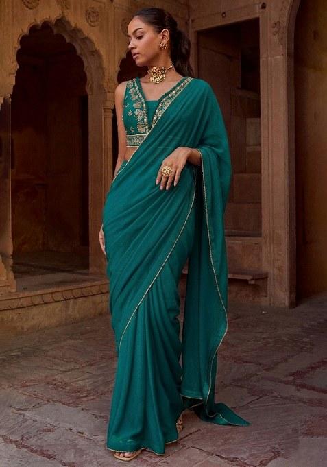 Orange Yellow Chinon Embroidered Handwork Pre Draped Saree Set