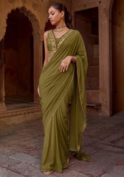 Olive Chinon Embroidered Handwork Pre Draped Saree Set