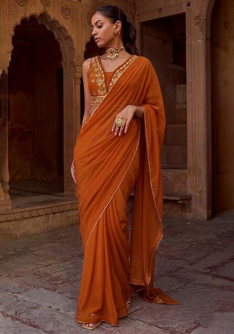 Burnt Orange Chinon Embroidered Handwork Pre Draped Saree Set