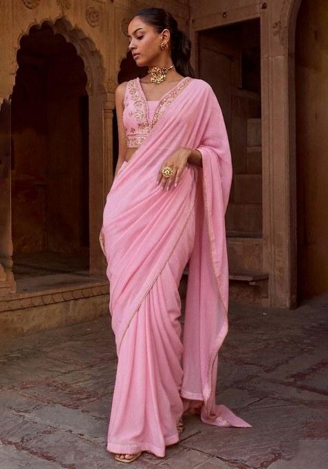 Baby Blue Chinon Embroidered Handwork Pre Draped Saree Set