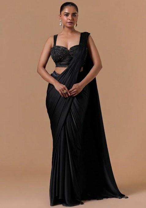 Black Mesh Embroidered Handwork Pre Draped Saree Set