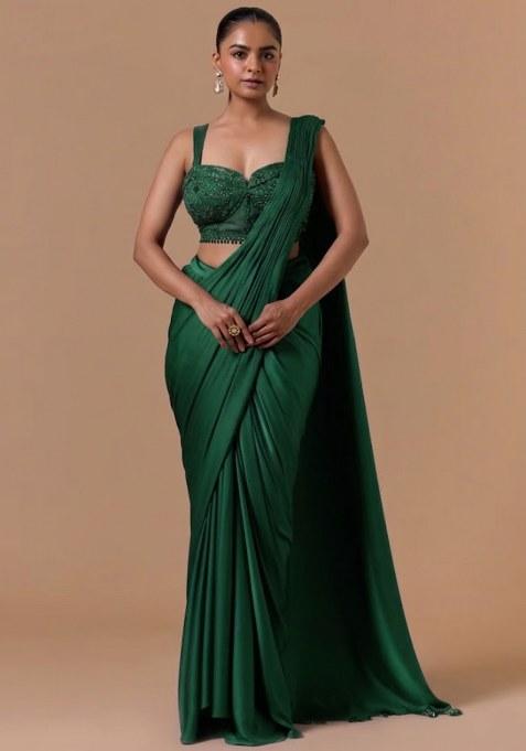 Green Mesh Embroidered Handwork Pre Draped Saree Set