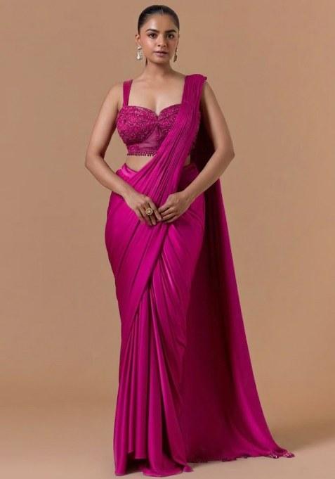 Pink Mesh Embroidered Handwork Pre Draped Saree Set