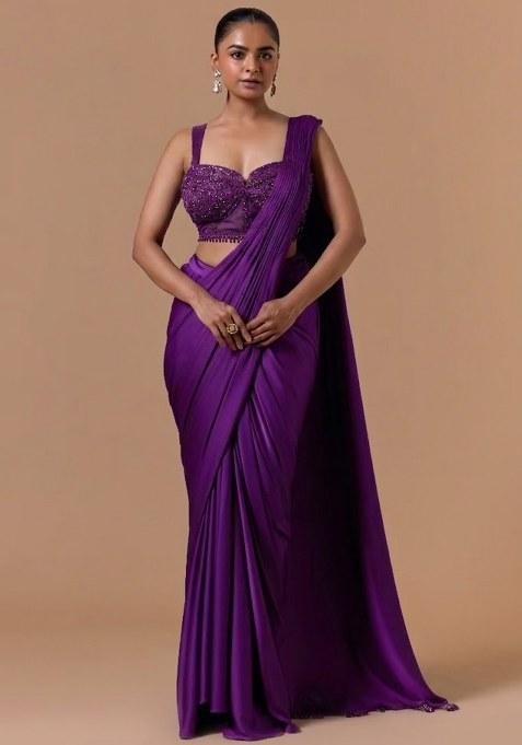 Purple Mesh Embroidered Handwork Pre Draped Saree Set