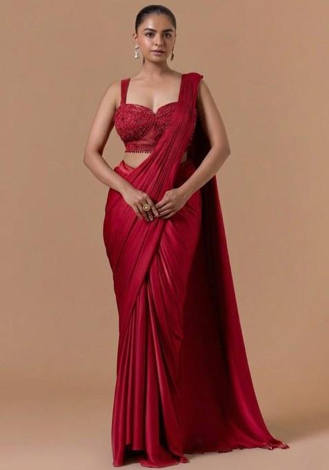 Red Mesh Embroidered Handwork Pre Draped Saree Set