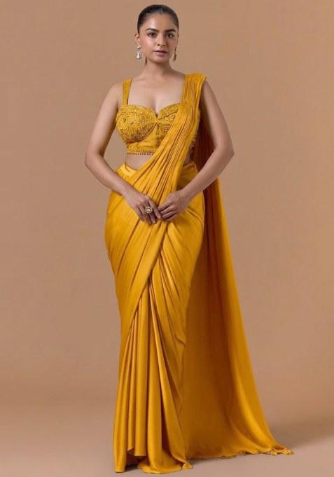 Yellow Mesh Embroidered Handwork Pre Draped Saree Set