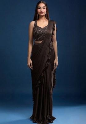 Brown Chinon Embellished Handwork Pre Draped Saree Set