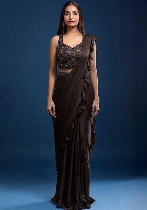 Brown Chinon Embellished Handwork Pre Draped Saree Set