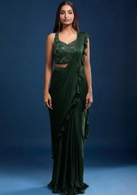 Green Chinon Embellished Handwork Pre Draped Saree Set