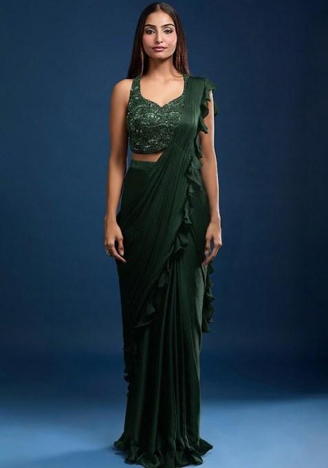 Green Chinon Embellished Handwork Pre Draped Saree Set