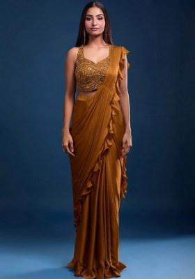 Honey Chinon Embellished Handwork Pre Draped Saree Set