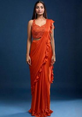 Orange Chinon Embellished Handwork Pre Draped Saree Set