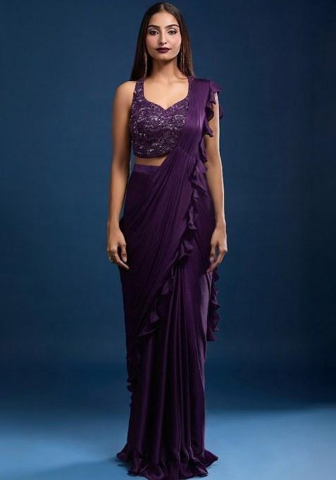 Purple Chinon Embellished Handwork Pre Draped Saree Set
