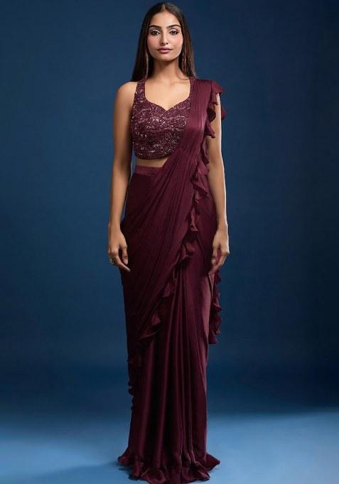 Wine Chinon Embellished Handwork Pre Draped Saree Set