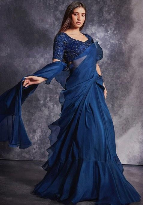 Navy Blue Organza Embroidered Handwork Pre Draped Saree Set