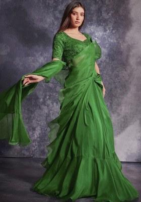 Green Organza Embroidered Handwork Pre Draped Saree Set