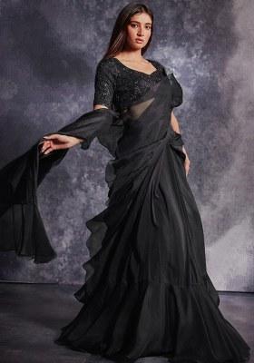 Grey Organza Embroidered Handwork Pre Draped Saree Set